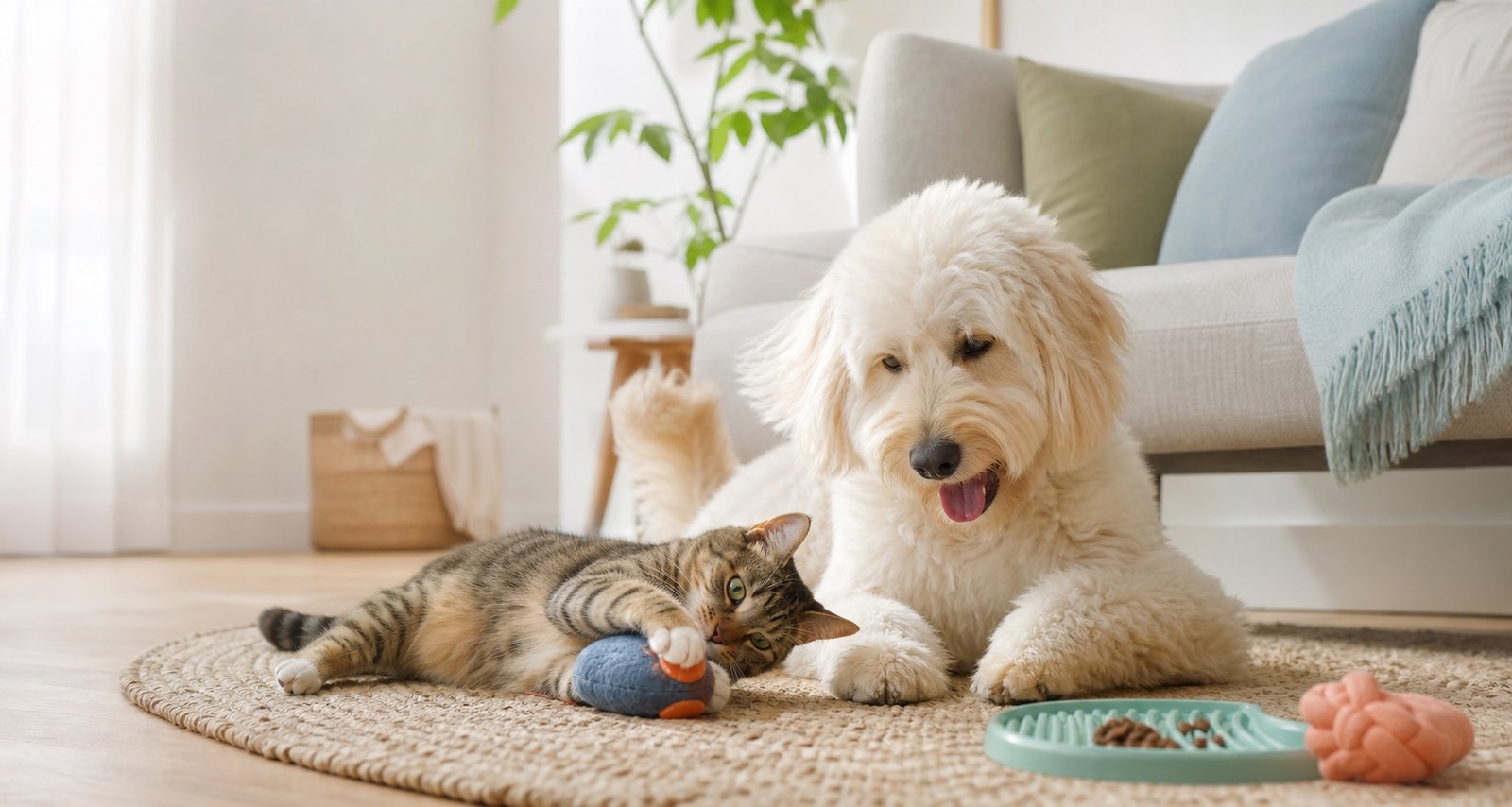 A cute cat and dog playing together in a calm modern living room