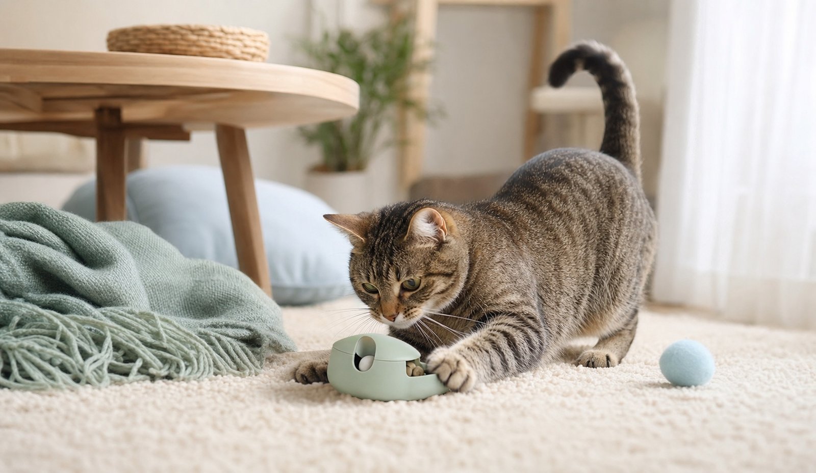 A playful cat enjoying an enrichment toy in a cozy home