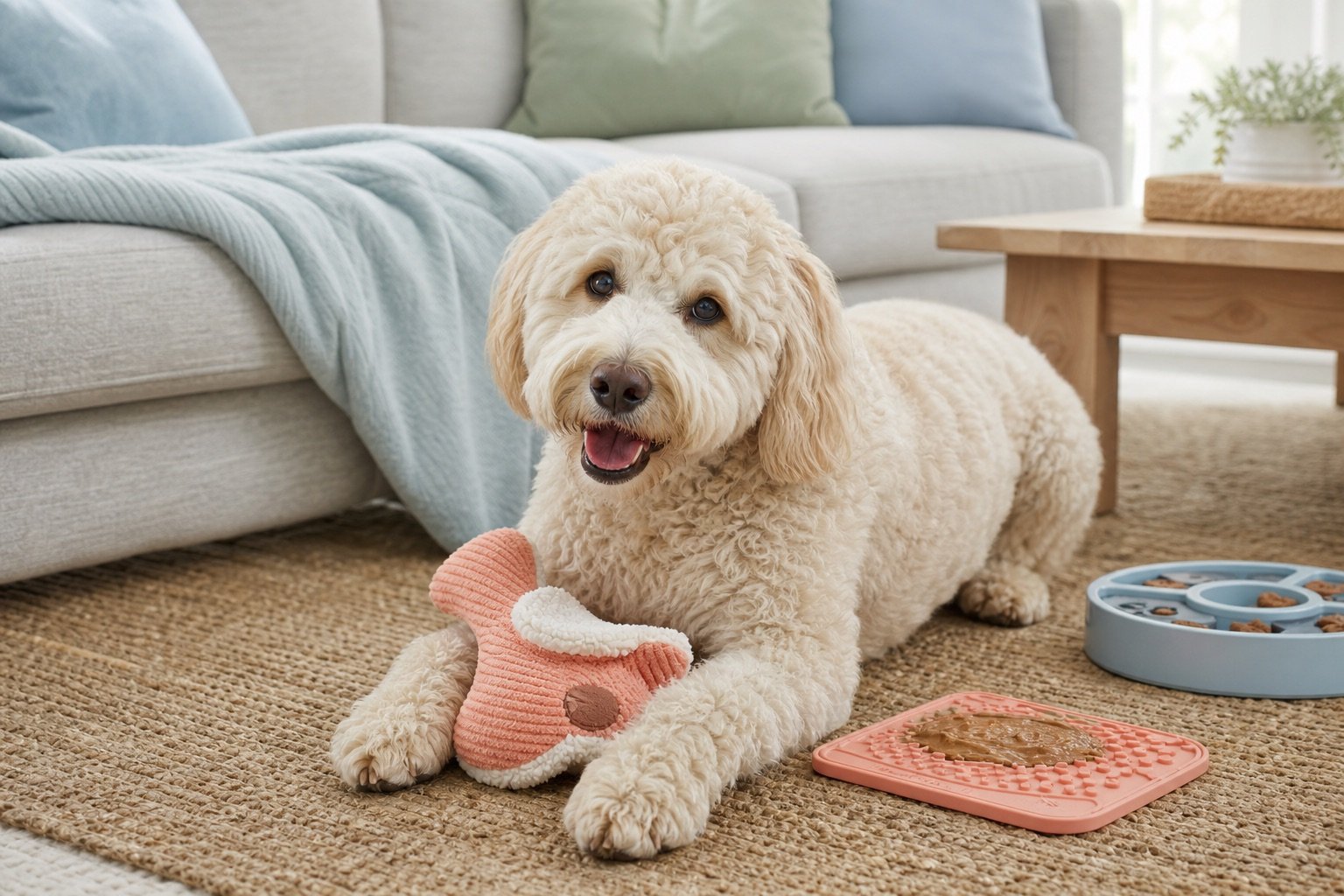 A happy dog playing with an enrichment toy beside a lick mat